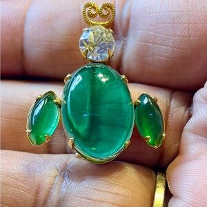 Vintage Gold tone Green Jelly Belly Beetle Bug Brooch Pin with Clear Crystal